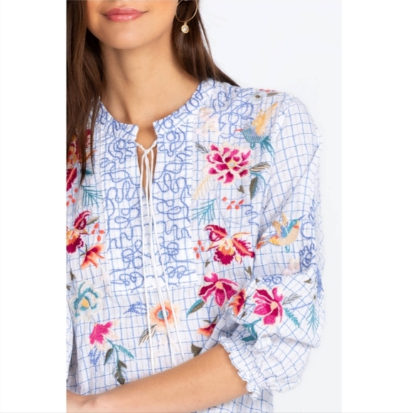 Johnny Was Workshop Miro Tassle Blue White Embroidered Blouse Sz Large MSRP $235 - Picture 3 of 10